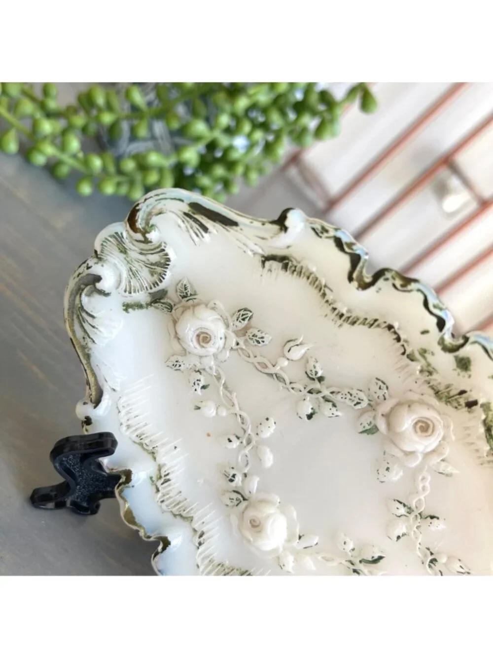 Antique Late 1800s Victorian Vanity Tray White Opaque Milk Glass Scalloped Edges